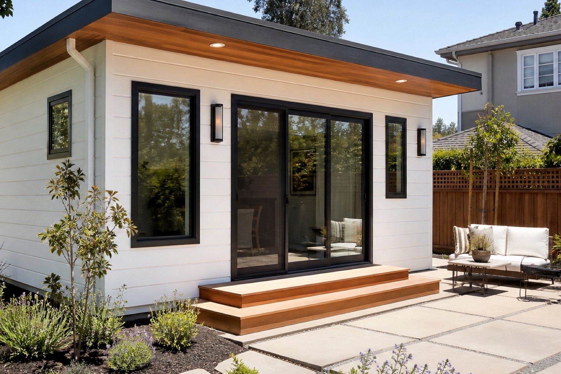ADU planning scene with a compact backyard dwelling and clear outdoor access