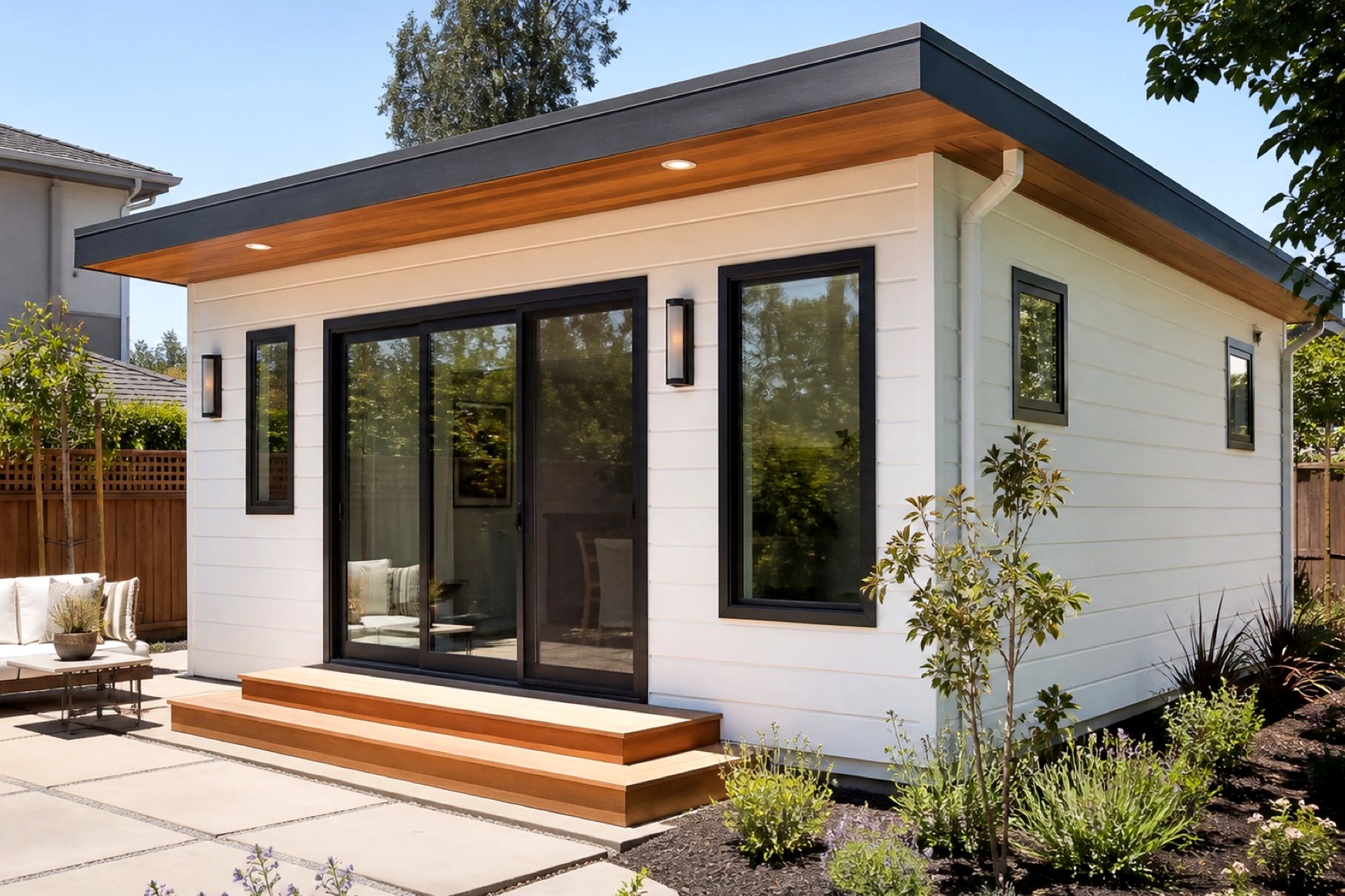 ADU Construction planning scene for Palo Alto remodeling planning: The finished ADU keeps that exact footprint, roofline, slider, and window layout while adding durable exterior finishes and a livable interior.