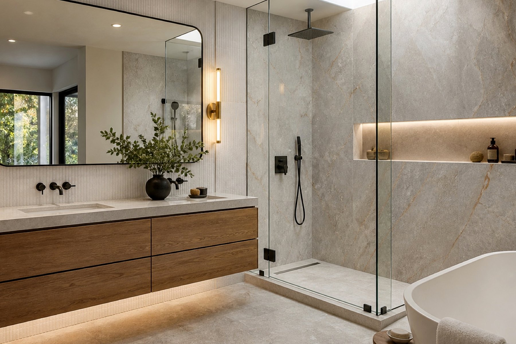 Walk-in shower and vanity remodeling design inspiration