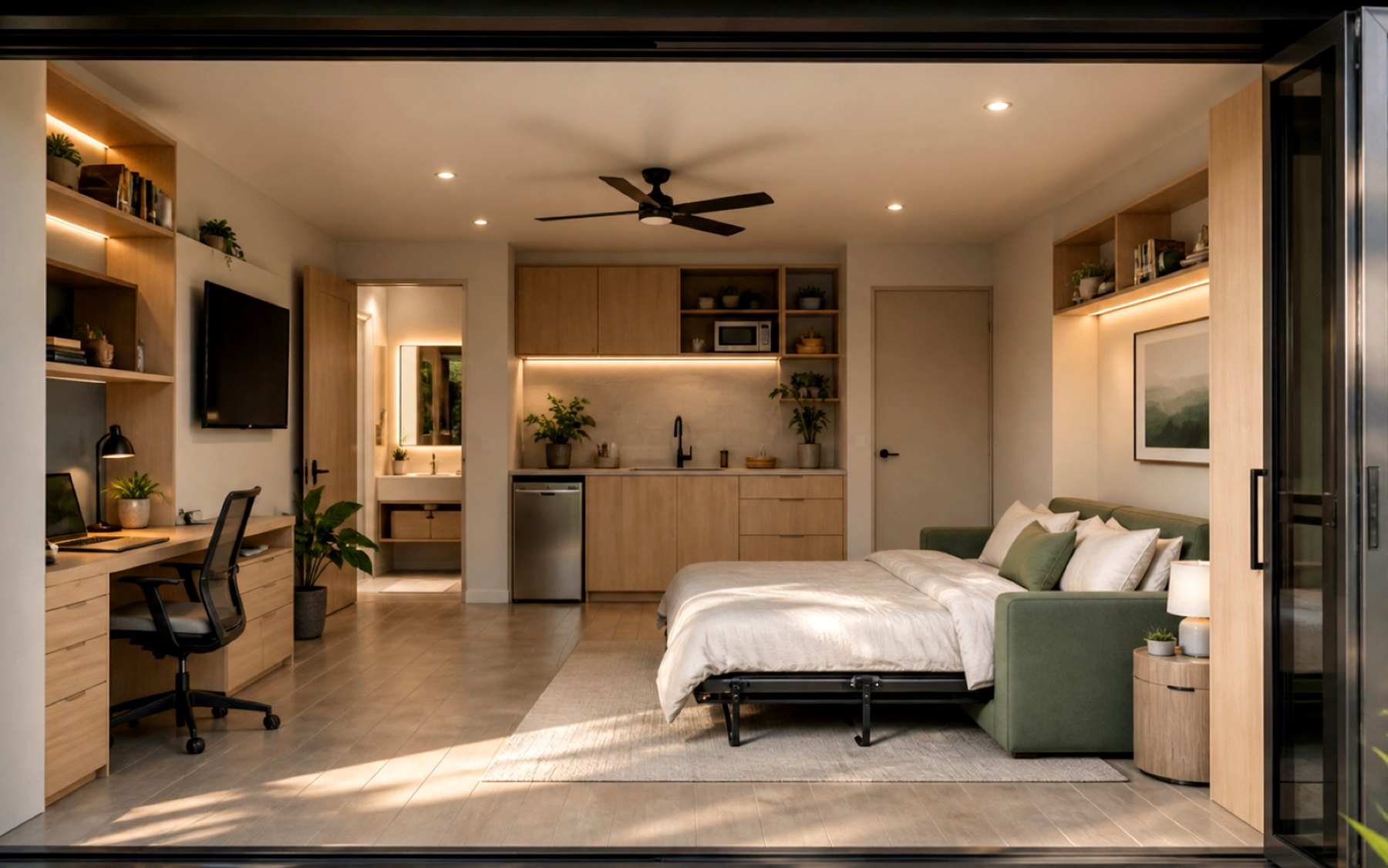 Garage Conversions planning scene for Los Altos Hills remodeling planning: The finished suite keeps that exact window, kitchenette, bathroom, floor, door, and circulation geometry while adding durable residential finishes.