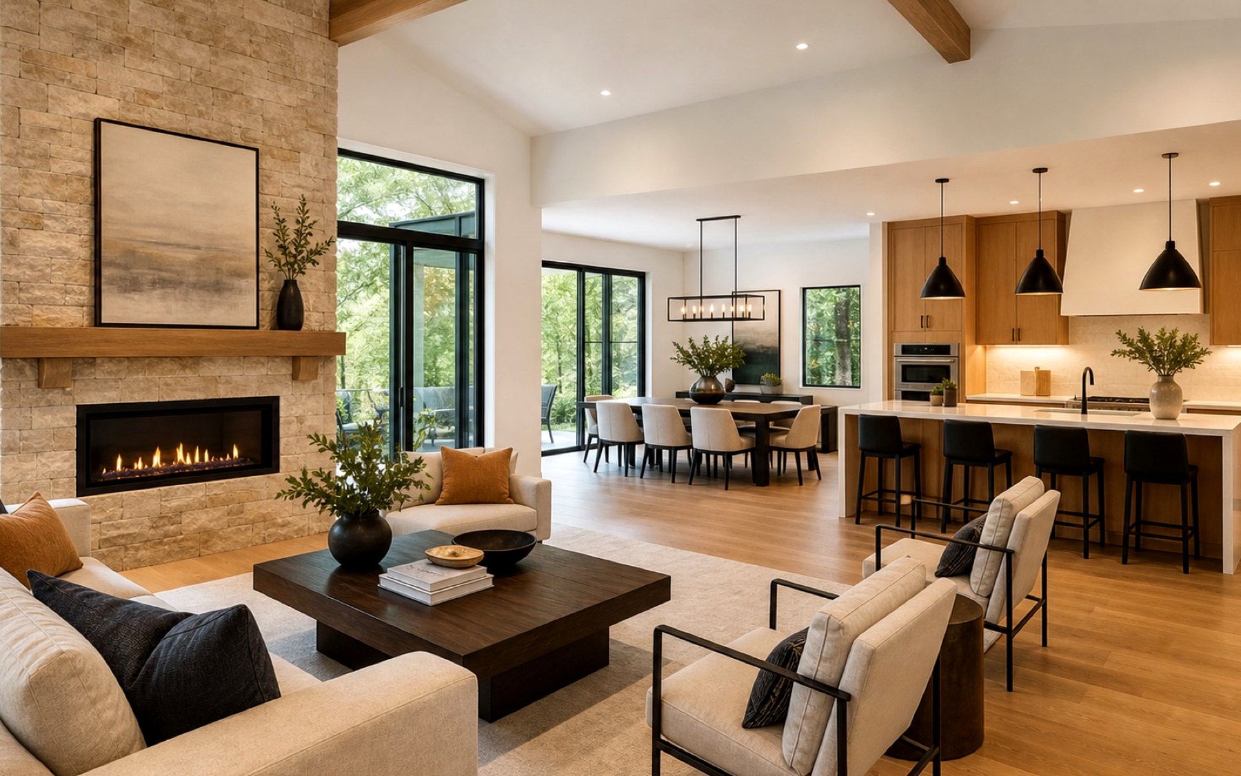 Home Remodeling planning scene for Stanford remodeling planning: The finished great room keeps that exact opening, fireplace, built-ins, dining zone, and circulation while completing the material and lighting plan.