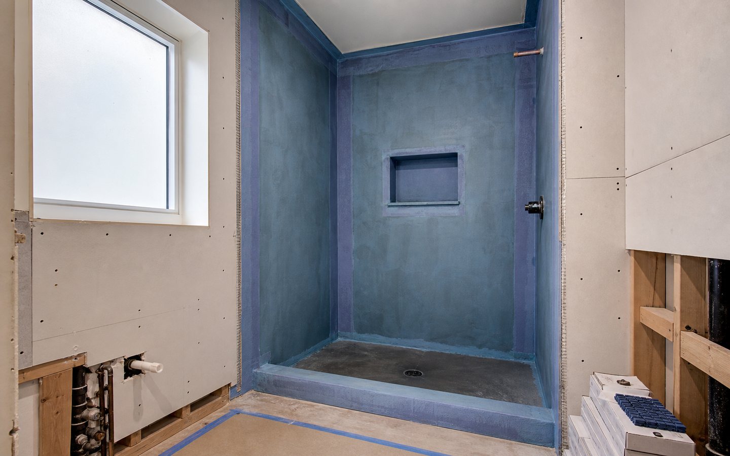 Shower waterproofing and bathroom rough-in design inspiration