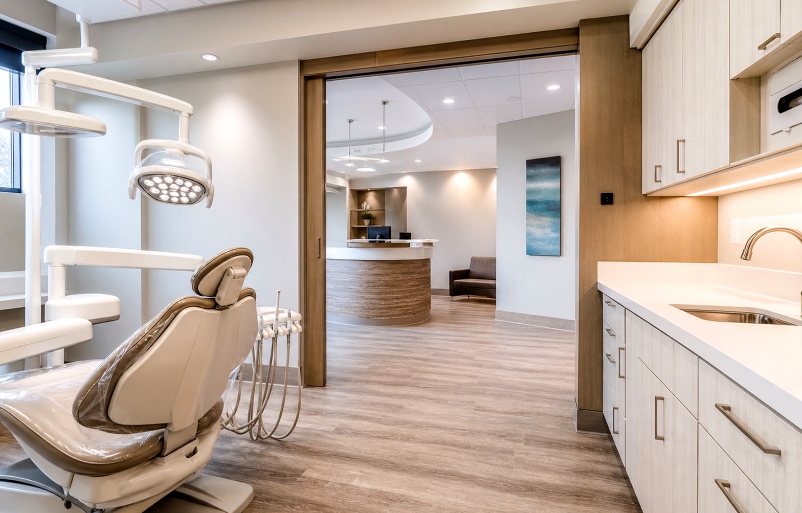 Medical and Dental Office Remodeling planning scene for Palo Alto remodeling planning: The finished room keeps that exact chair, utility, casework, sink, storage, equipment, and task-light geometry while completing cleanable surfaces.