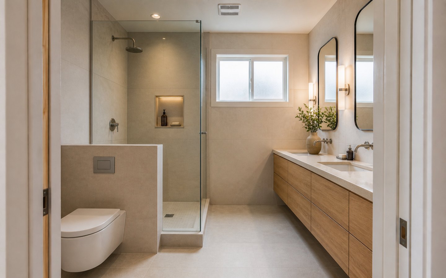 Bathroom Remodeling after planning visualization of the same space: The finished bathroom keeps that exact shower, niche, privacy wall, toilet, and double-vanity geometry while completing tile, glass, storage, and lighting.