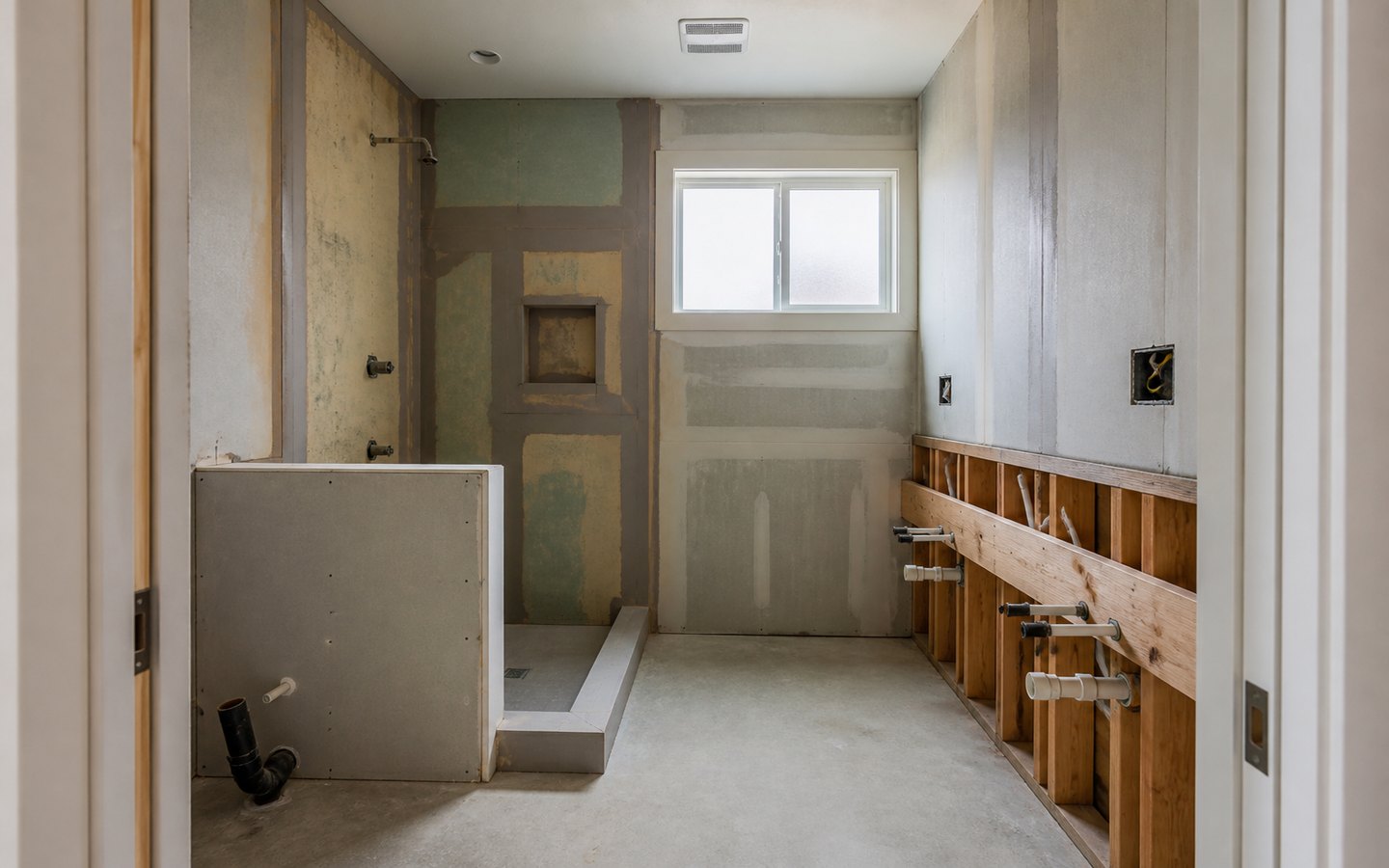 Bathroom Remodeling during planning visualization of the same space: The new walk-in shower, privacy wall, toilet rough-in, double-vanity plumbing, waterproofing, and niche establish the redesigned layout.