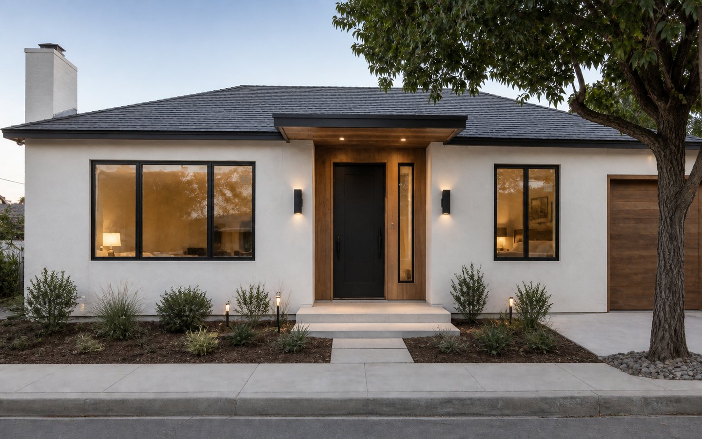 Exterior and Interior Upgrades after planning visualization of the same space: The finished facade keeps those exact openings and canopy while completing stucco, wood accents, lighting, trim, and landscape details.