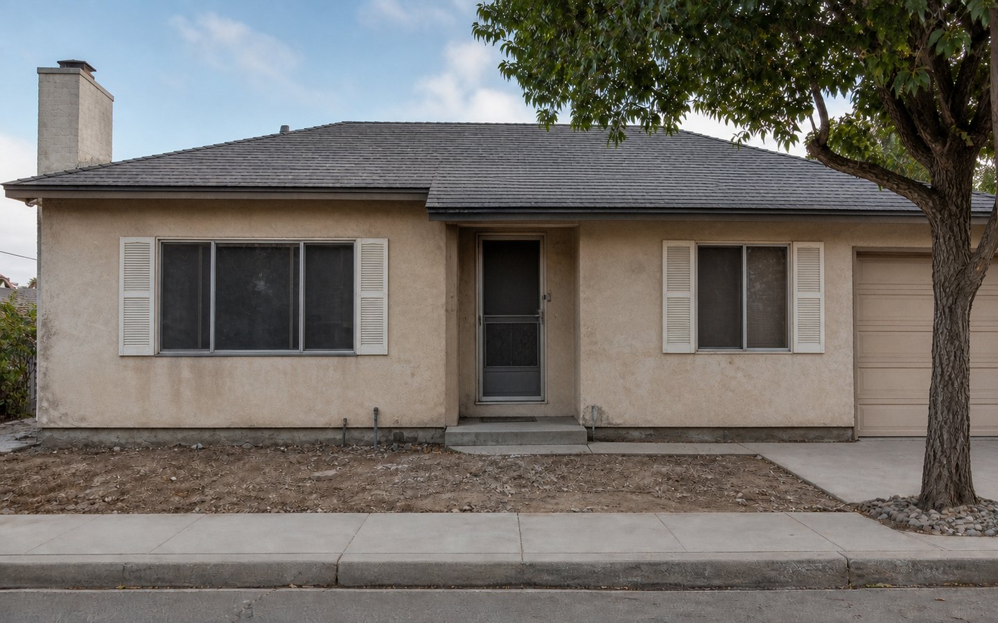 Exterior and Interior Upgrades before planning visualization of the same space: A dated but intact facade shows where openings, entry details, trim, lighting, hardscape, and finishes can align.