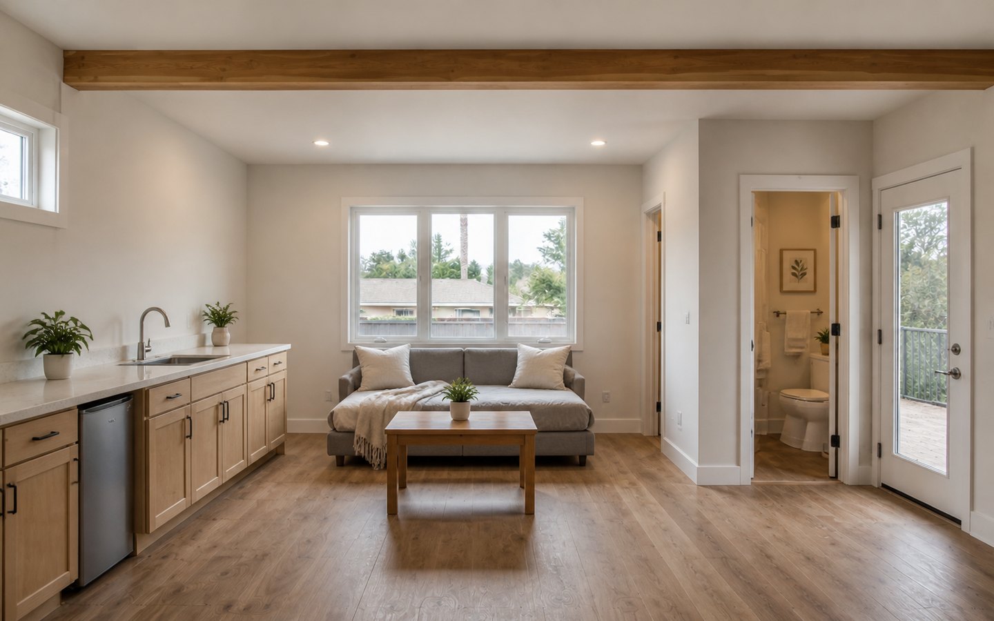 Garage Conversions after planning visualization of the same space: The finished suite keeps that exact window, kitchenette, bathroom, floor, door, and circulation geometry while adding durable residential finishes.