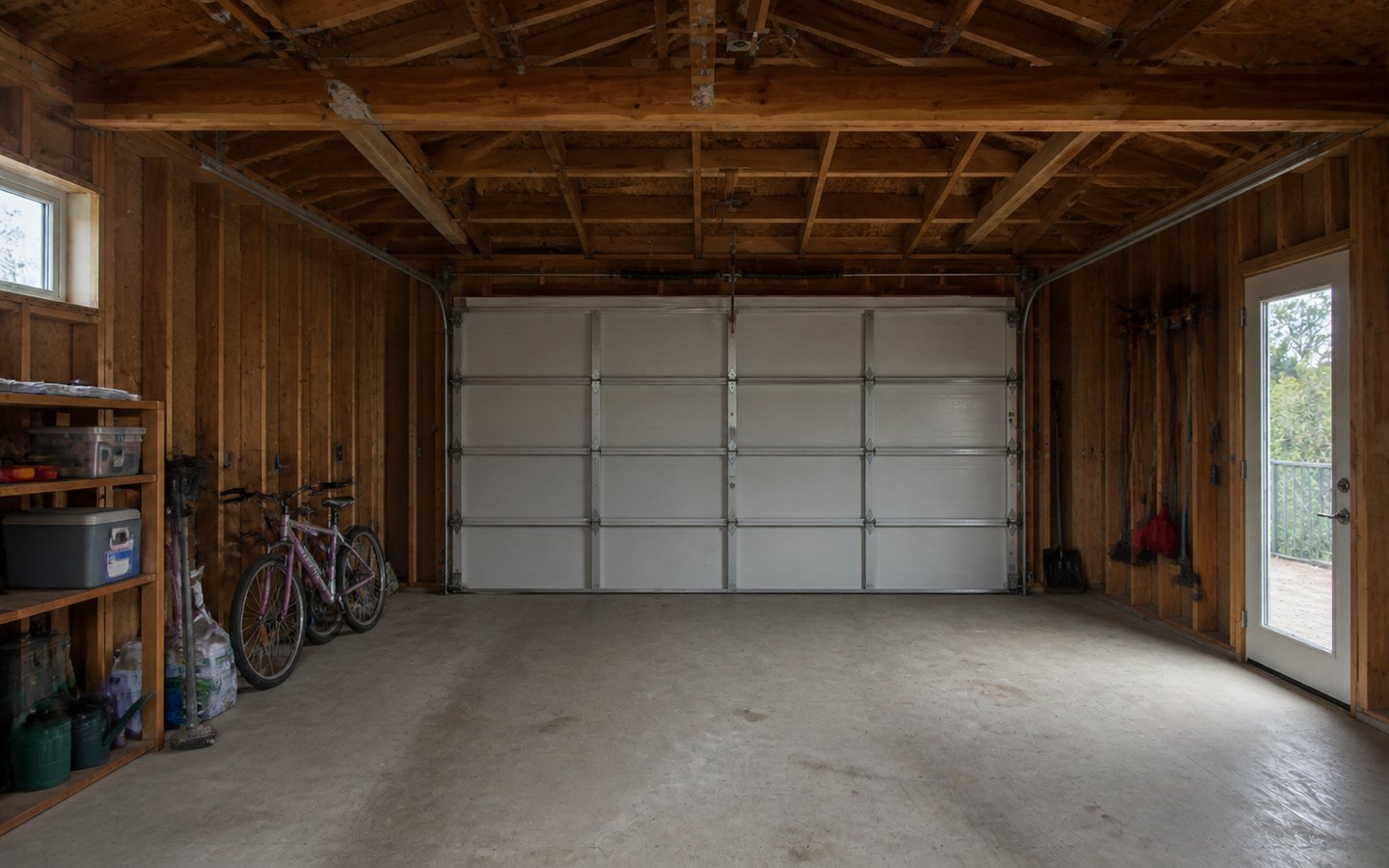 Garage Conversions before planning visualization of the same space: An intact two-car garage reveals slab, insulation, egress, utility, daylight, storage, and comfort questions.
