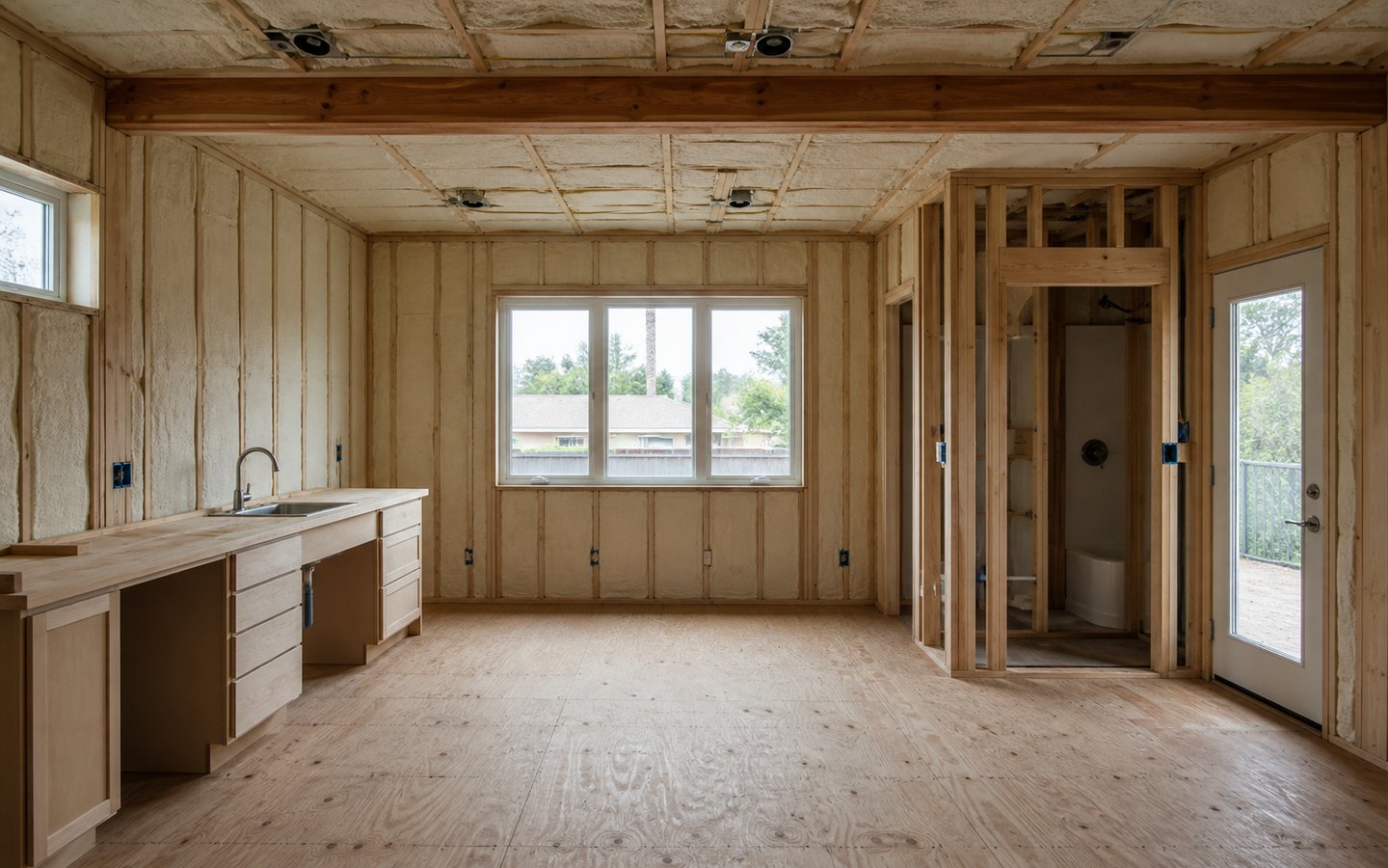 Garage Conversions during planning visualization of the same space: The infill window, kitchenette run, bathroom pod, raised floor, insulation, and utility door establish the redesigned suite layout.