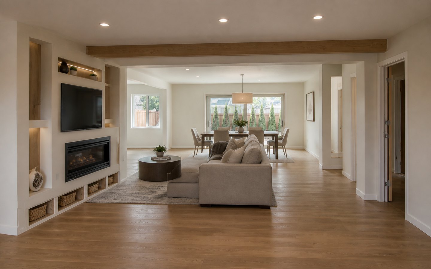 Home Remodeling after planning visualization of the same space: The finished great room keeps that exact opening, fireplace, built-ins, dining zone, and circulation while completing the material and lighting plan.