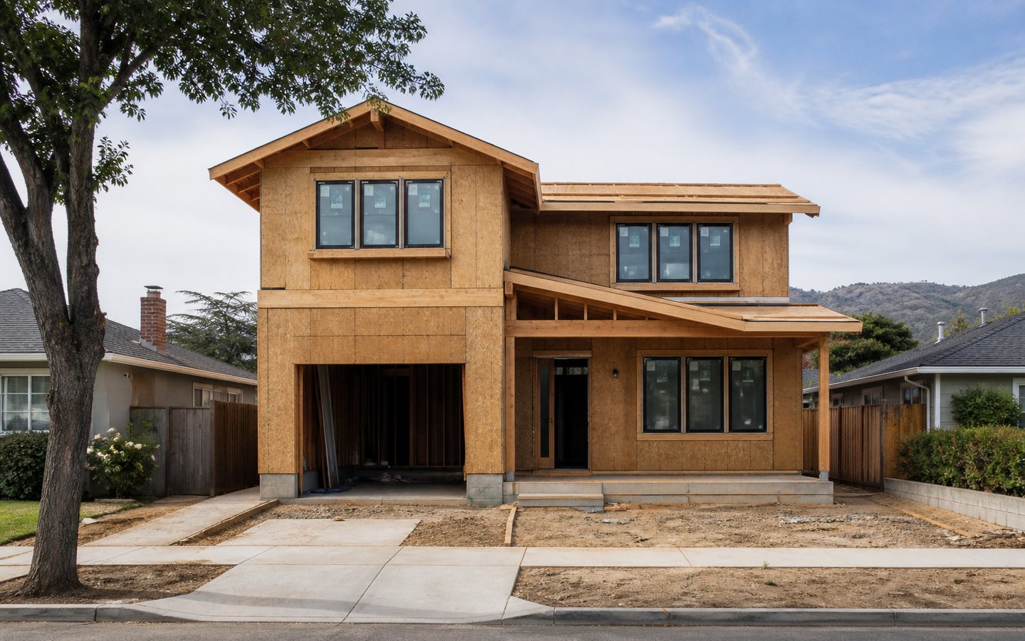 New Home Construction during planning visualization of the same space: The framed house establishes the exact massing, rooflines, garage, entry, window groups, structure, and inspection sequence.