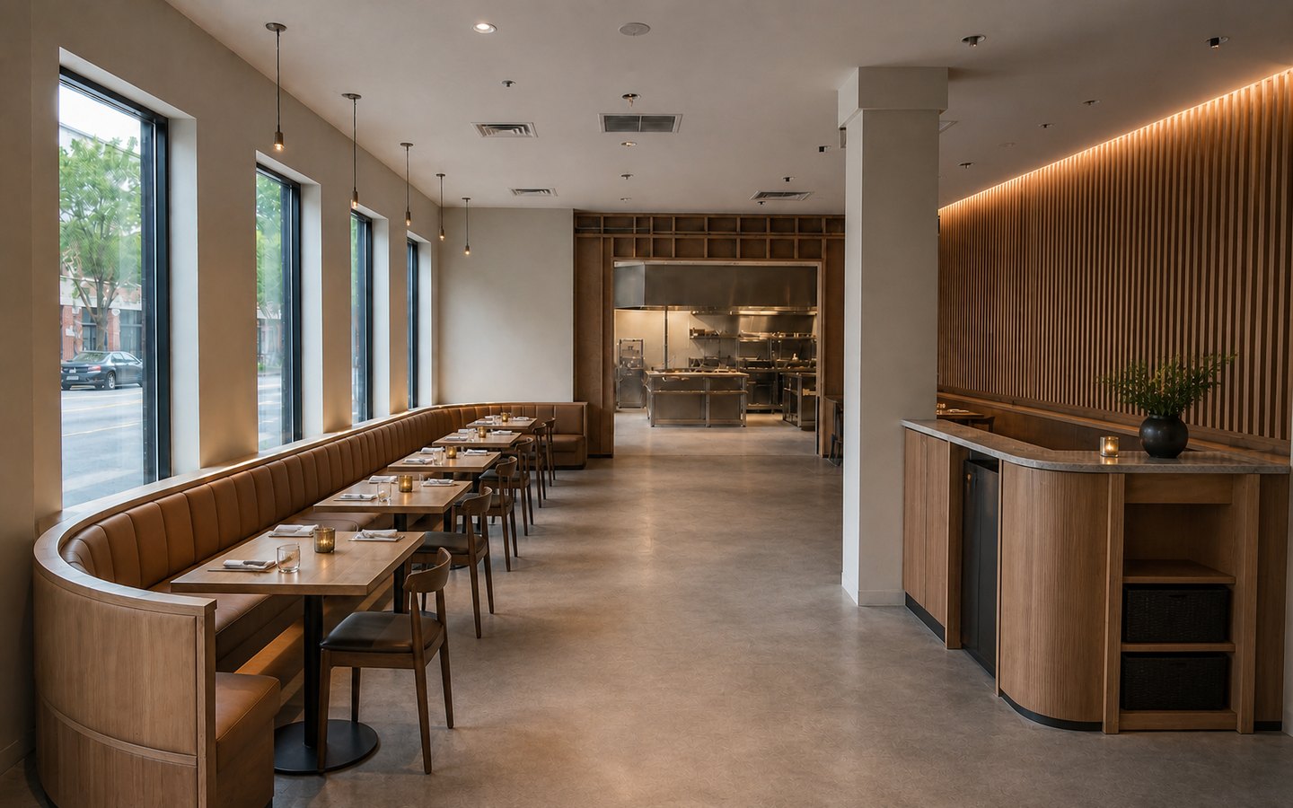 Restaurant Remodeling after planning visualization of the same space: The finished dining room keeps that exact banquette, table spacing, aisle, host station, column, wall, and pendant geometry.