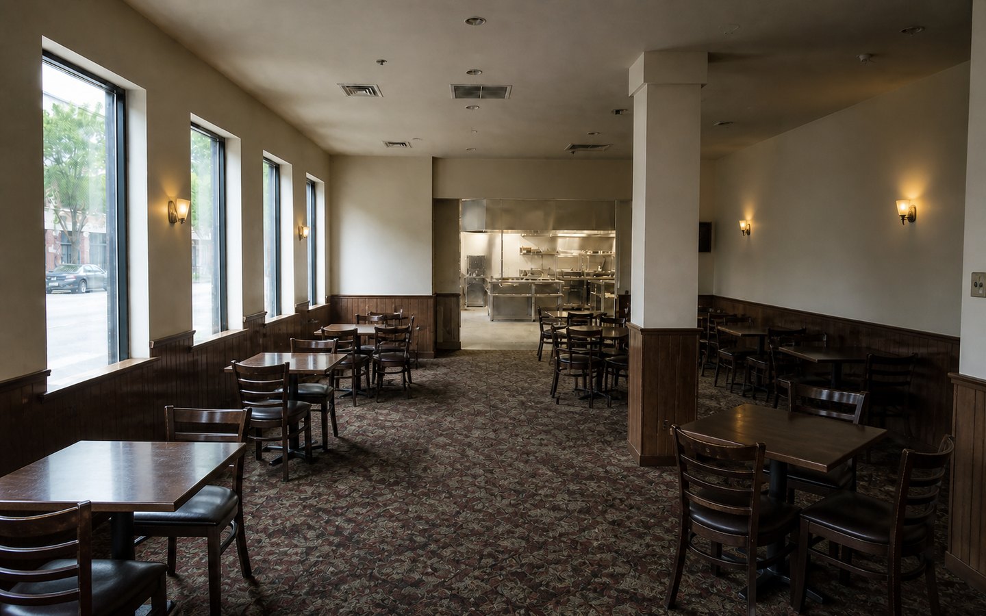 Restaurant Remodeling before planning visualization of the same space: A dated dining room exposes seating, service-path, lighting, acoustic, flooring, and guest-flow constraints.