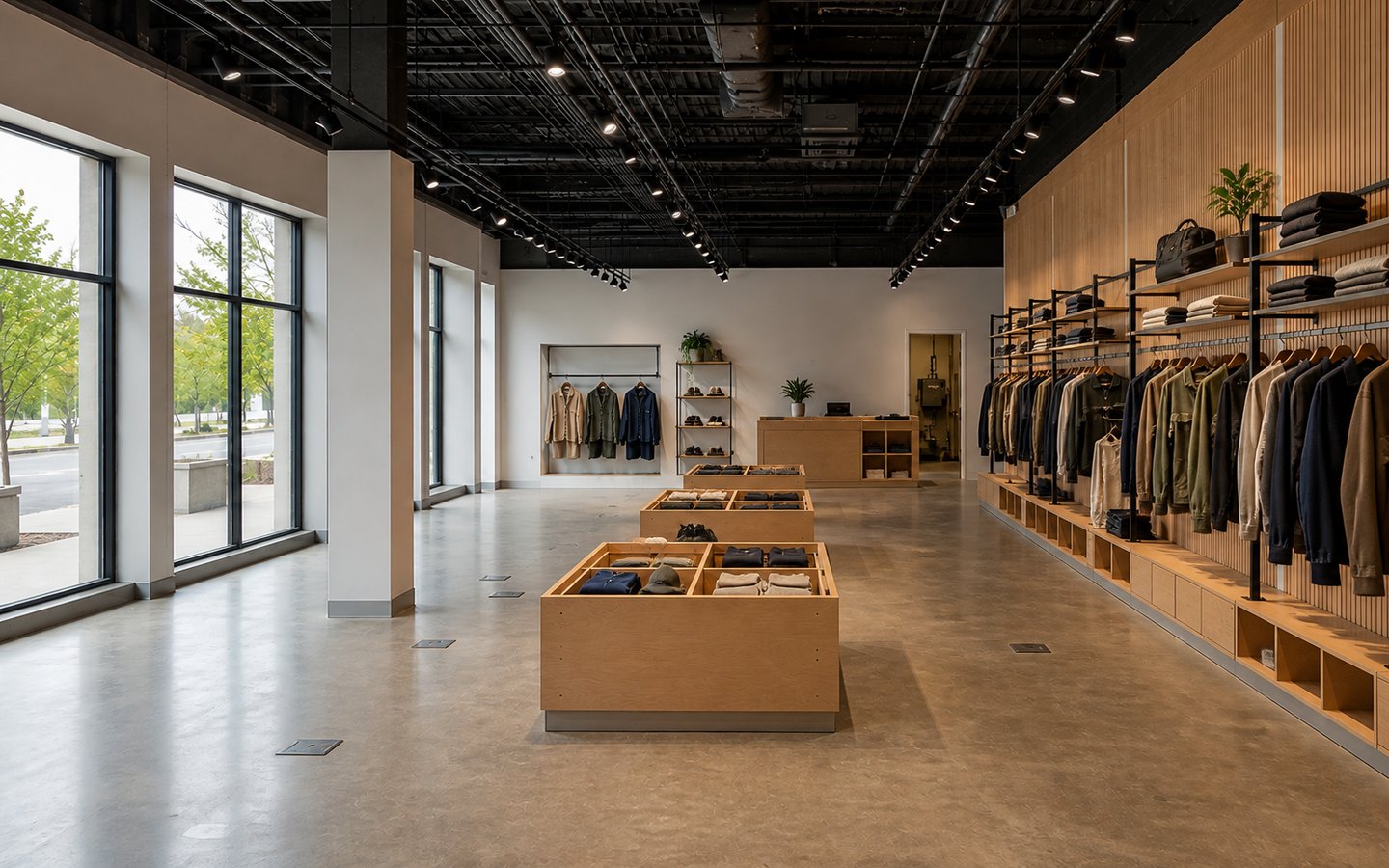 Retail Store and Showroom Remodeling after planning visualization of the same space: The finished showroom keeps that exact wall, island, cash-wrap, column, aisle, and lighting geometry while completing merchandising and finishes.