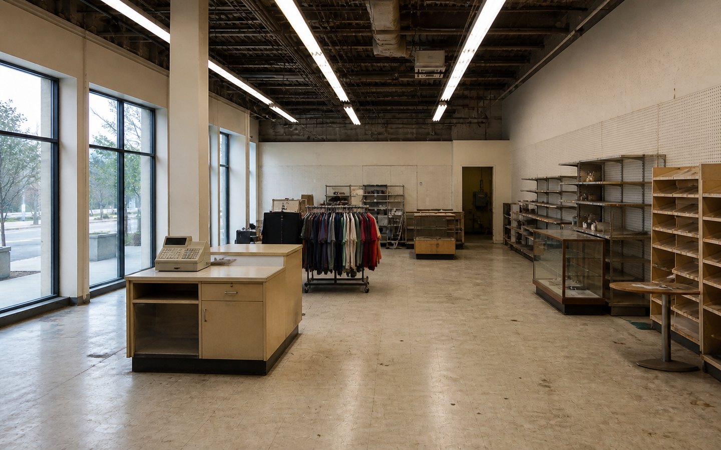 Retail Store and Showroom Remodeling before planning visualization of the same space: A dated shop with random racks and a bulky front checkout exposes display, cash-wrap, aisle, lighting, storage, and storefront opportunities.
