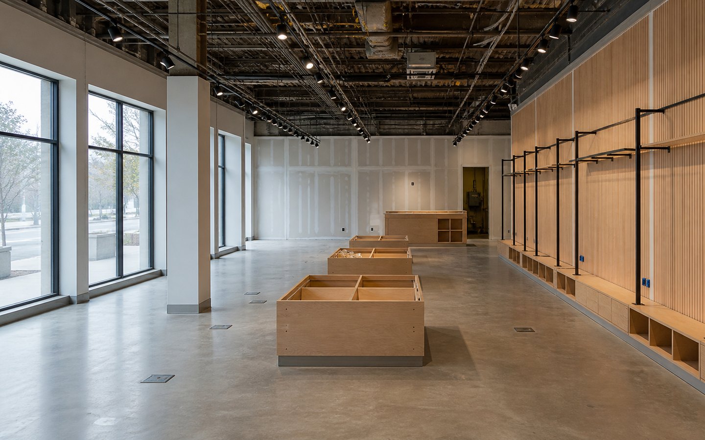 Retail Store and Showroom Remodeling during planning visualization of the same space: The feature wall, three aligned islands, rear cash wrap, clear left aisle, floor boxes, and track lights establish the redesigned showroom.