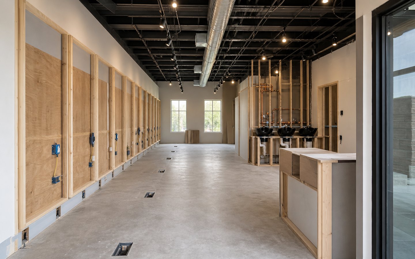 Salon and Spa Remodeling during planning visualization of the same space: Six styling stations, three shampoo positions, the center aisle, reception, plumbing, mirror blocking, and lighting establish the redesigned salon.