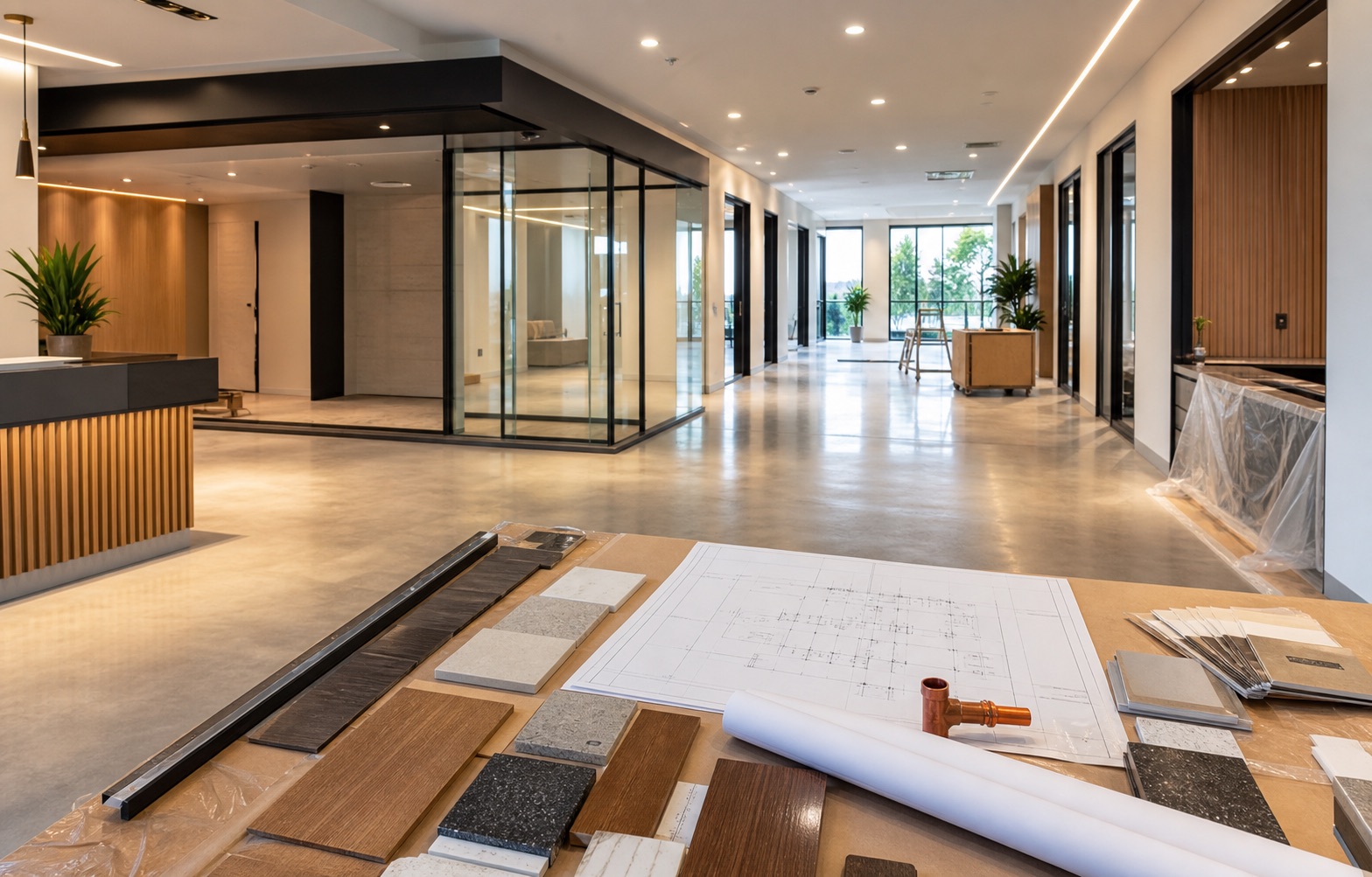 Remodeled commercial lobby with wood reception desk, glass offices, and polished flooring