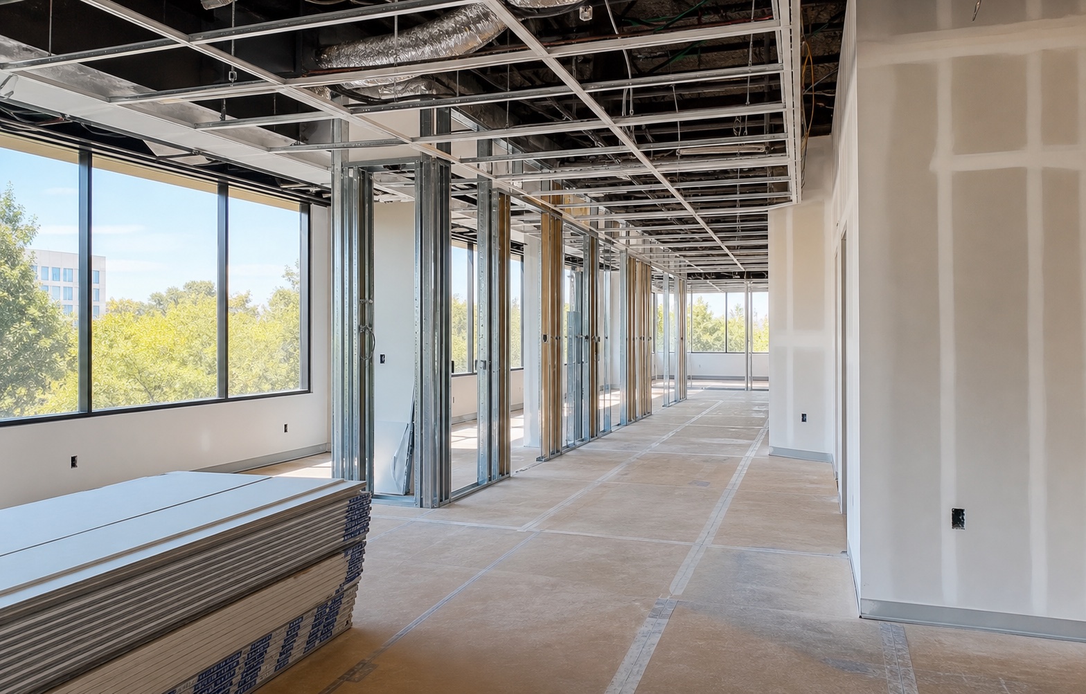Tenant improvement interior with new framing, glass partitions, ceiling work, and daylight