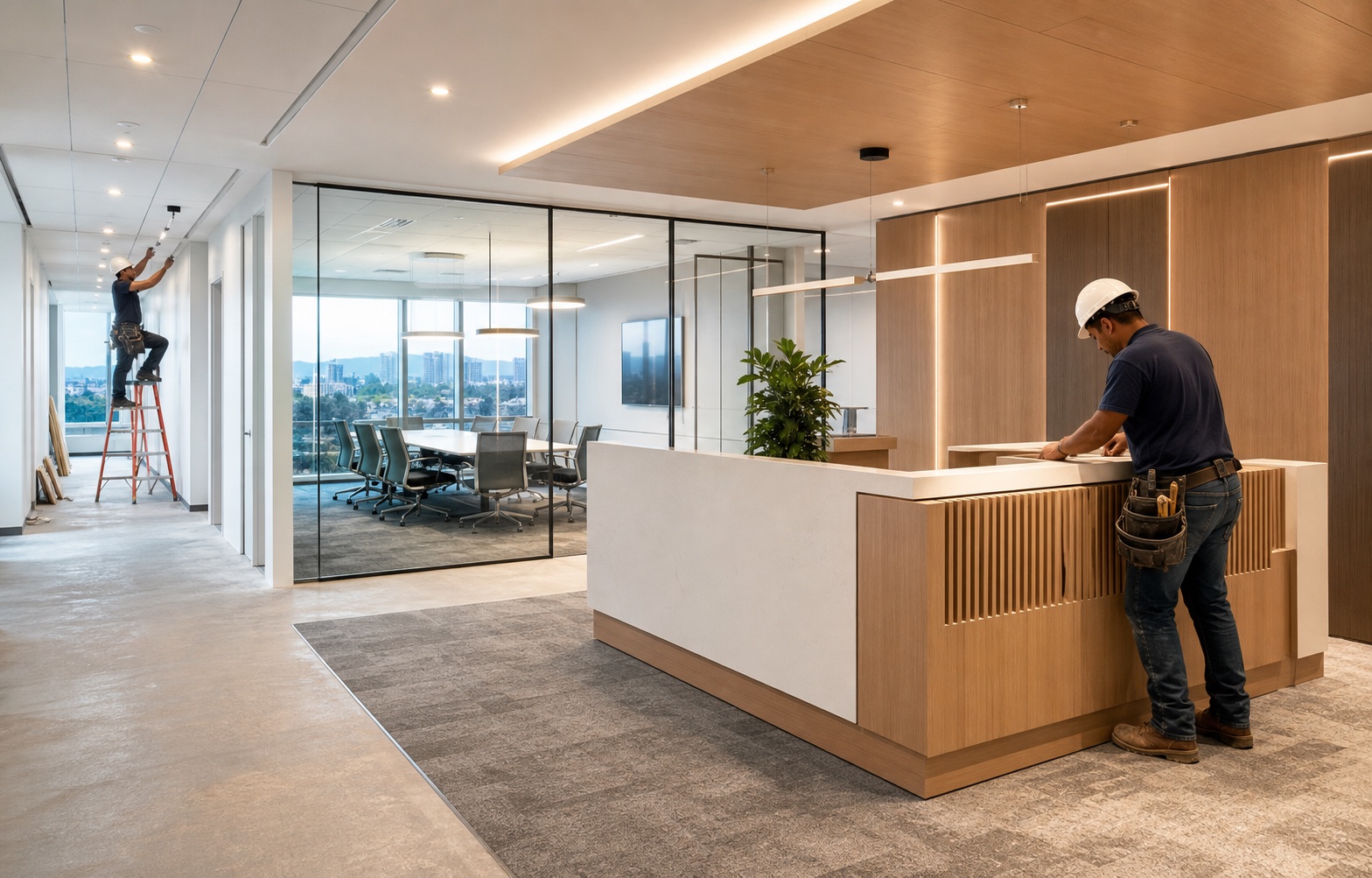 Office remodel with glass conference room, reception desk, warm ceiling finish, and installer detail