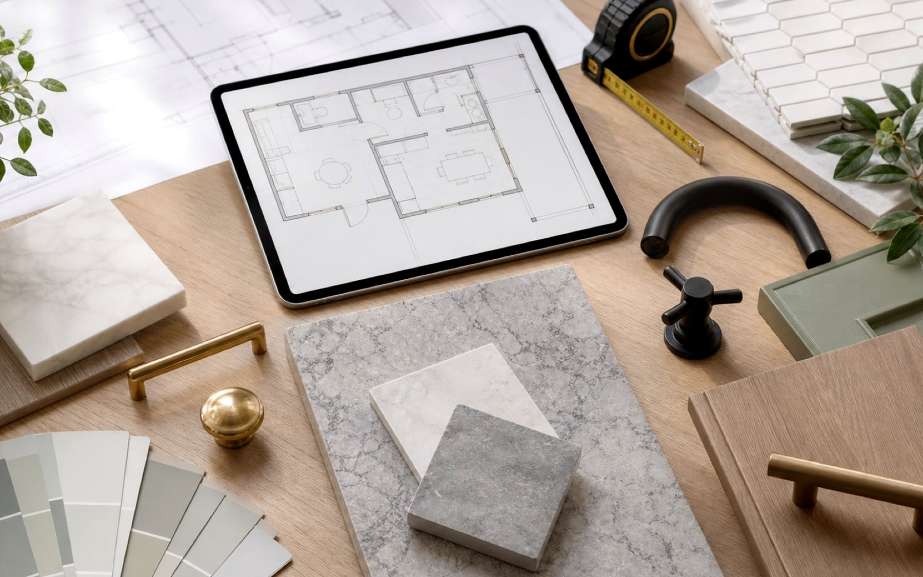 Floor plan and finish samples on a remodeling services planning table with cabinet fronts, hardware, faucet, and tape measure