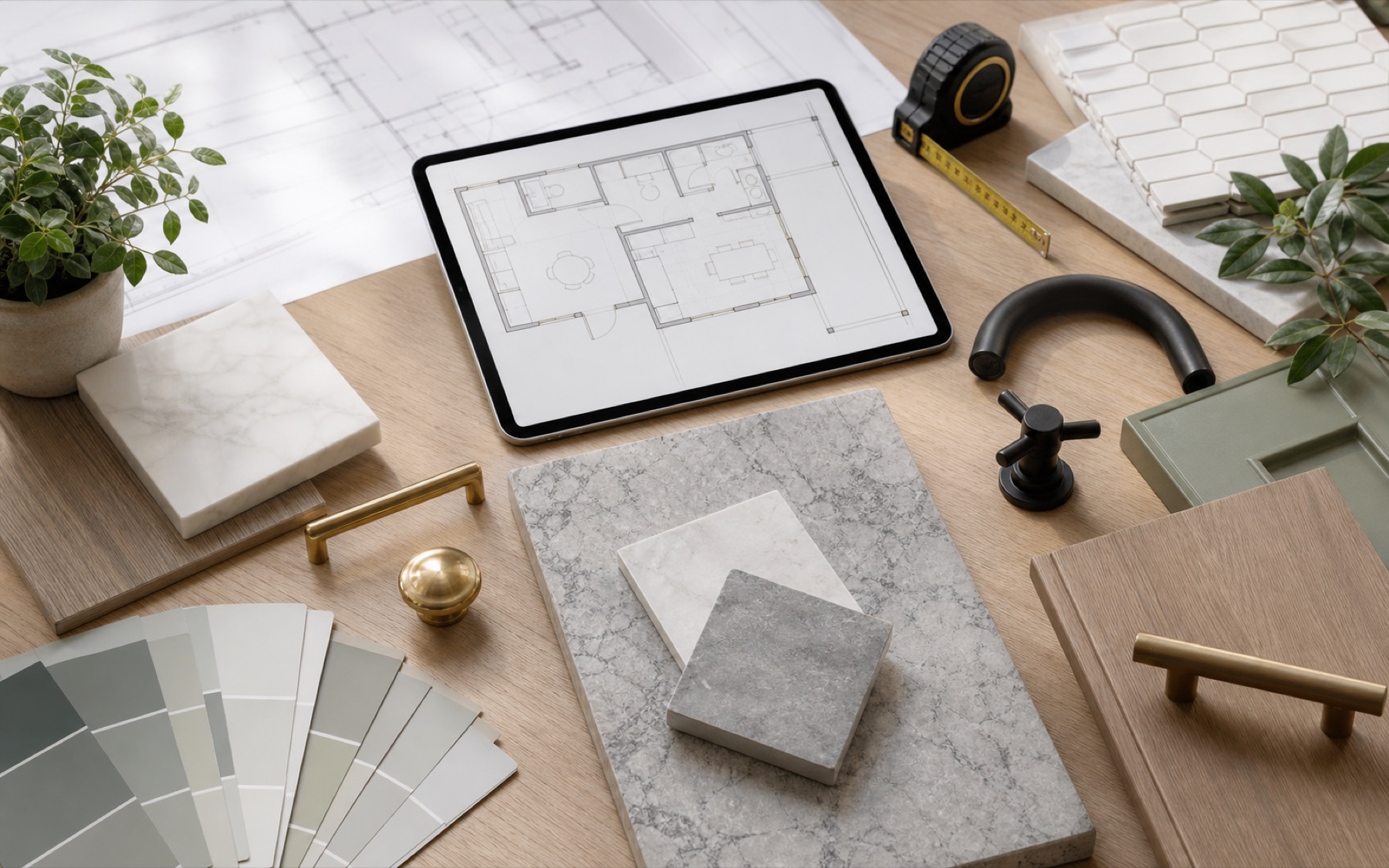 Premium remodeling plans, finish samples, tile, stone, cabinet hardware, and fixtures